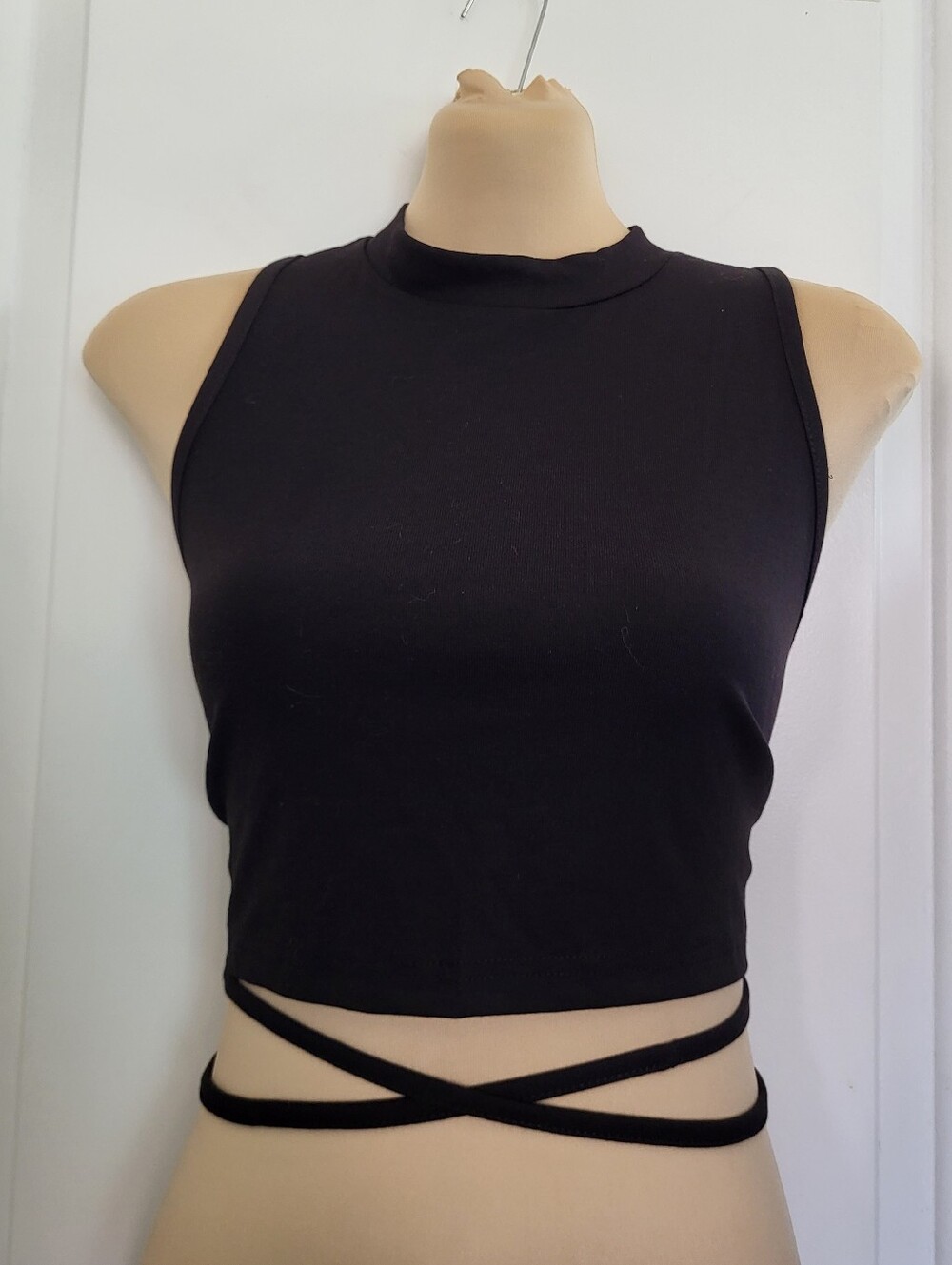 Women's Mock Neck Black Tie Around Crop-top